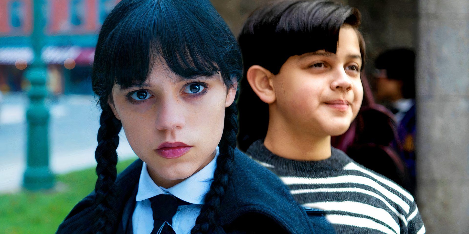 Wednesday looking annoyed while Pugsley is smiling in the Netflix show