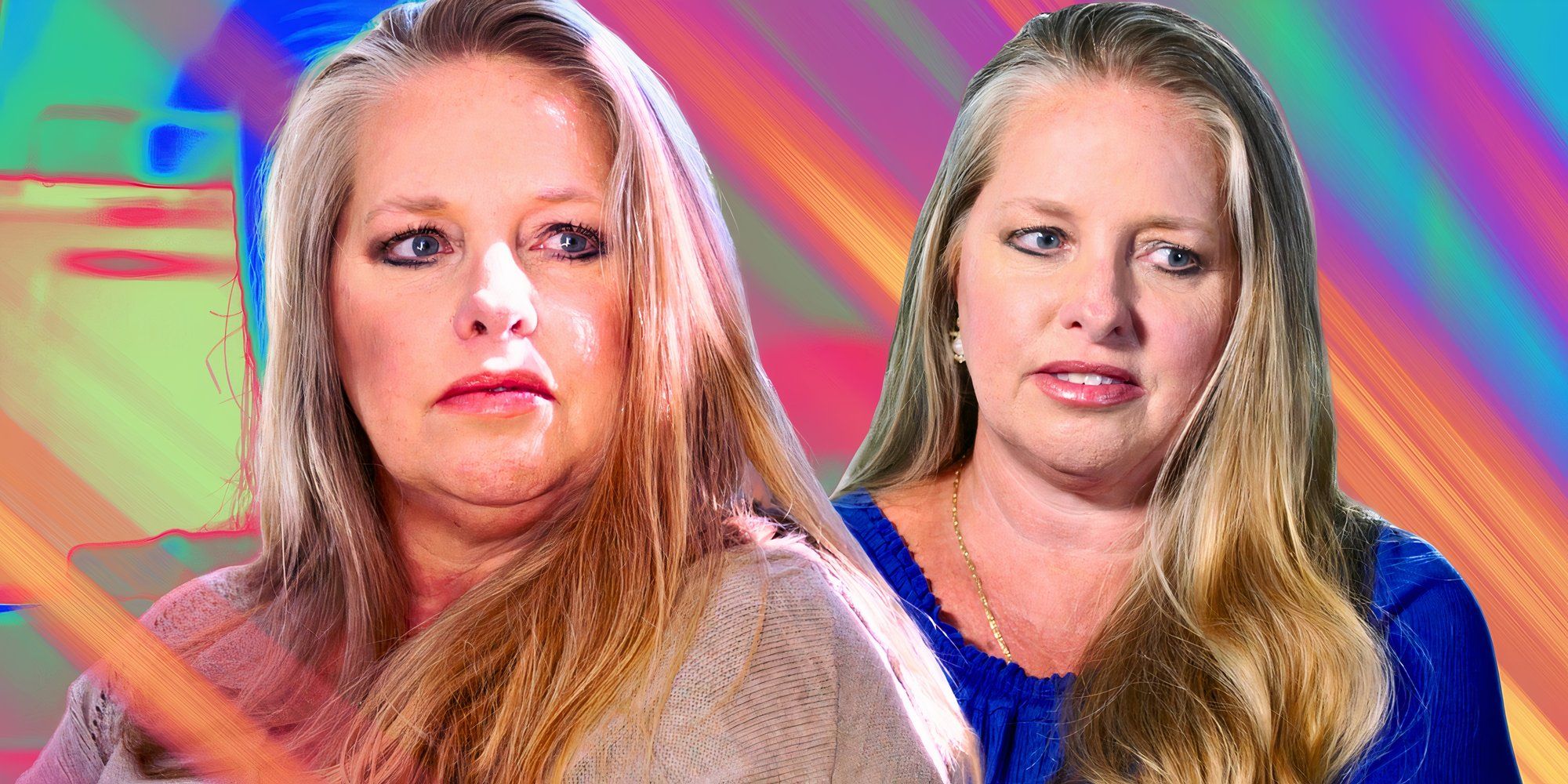 welcome to plathville star Kim Plath in two intense poses with rainbow hued background
