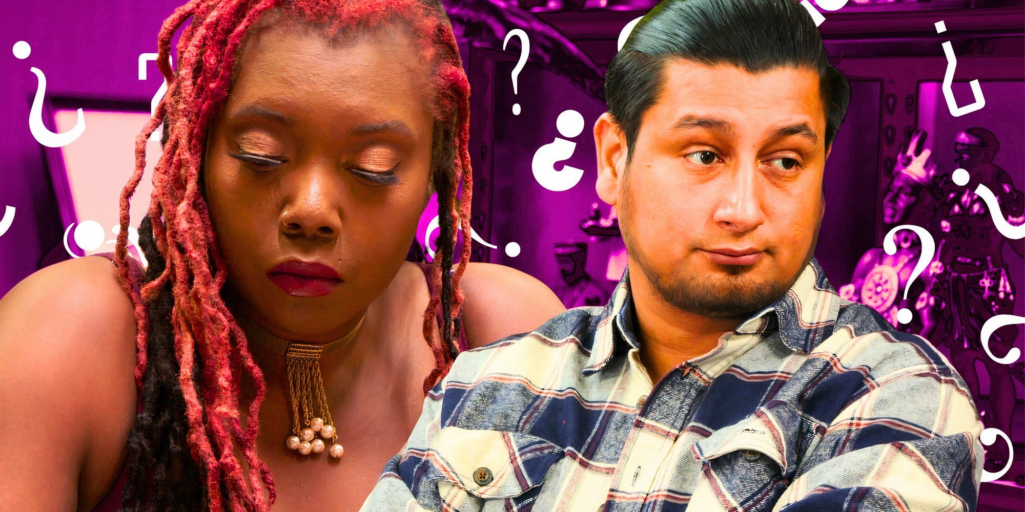 Ashley Michelle looking irritated at Manuel Velez with smug look amid question marks 90 Day Fiancé