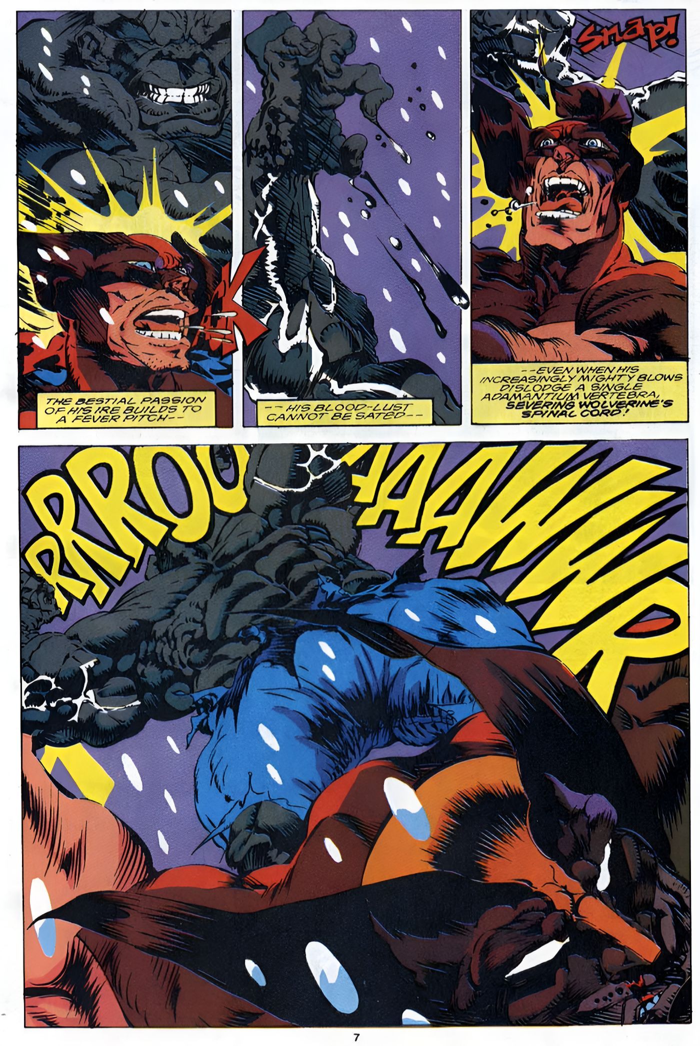 The Hulk violently beats Wolverine before severing his spine.