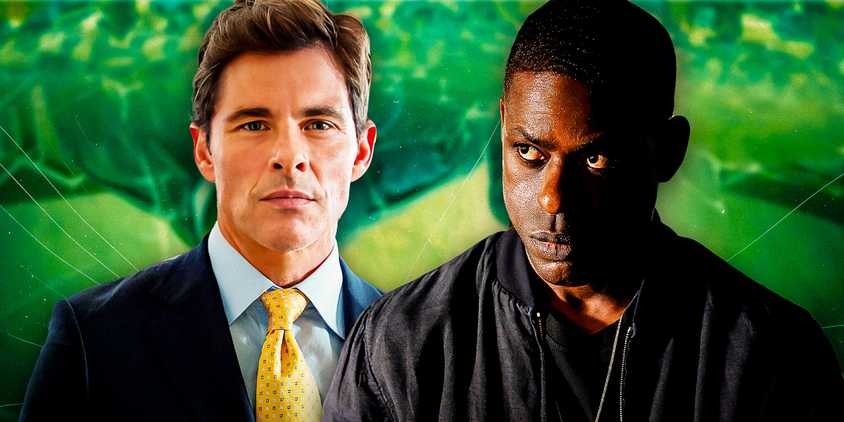 James Marsden as Cal in Paradise to the left and Sterling K Brown as Agent Collins in Paradise to the right in front of a green background