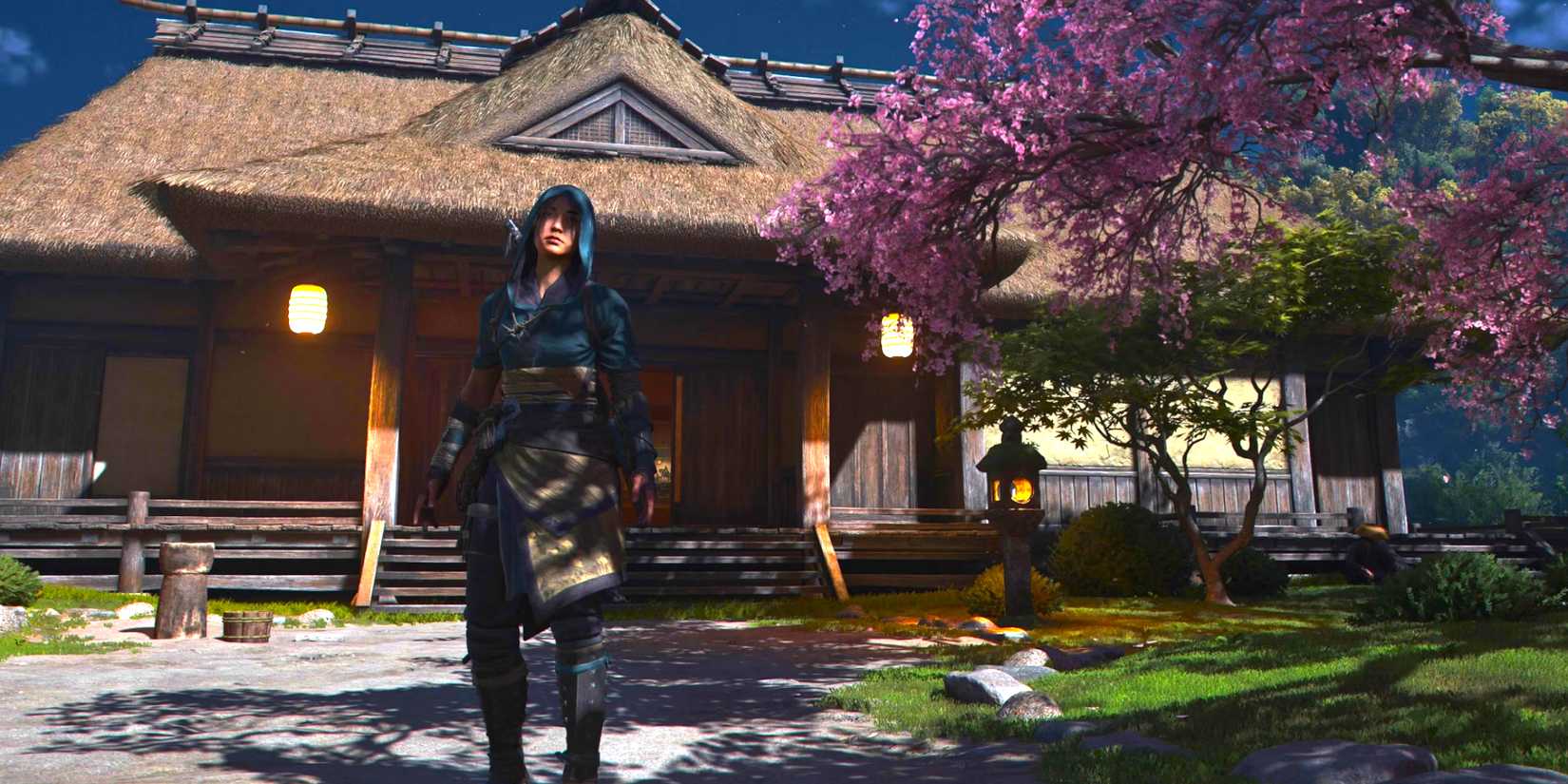Naoe infront of the hideout In Assassin's Creed Shadows.