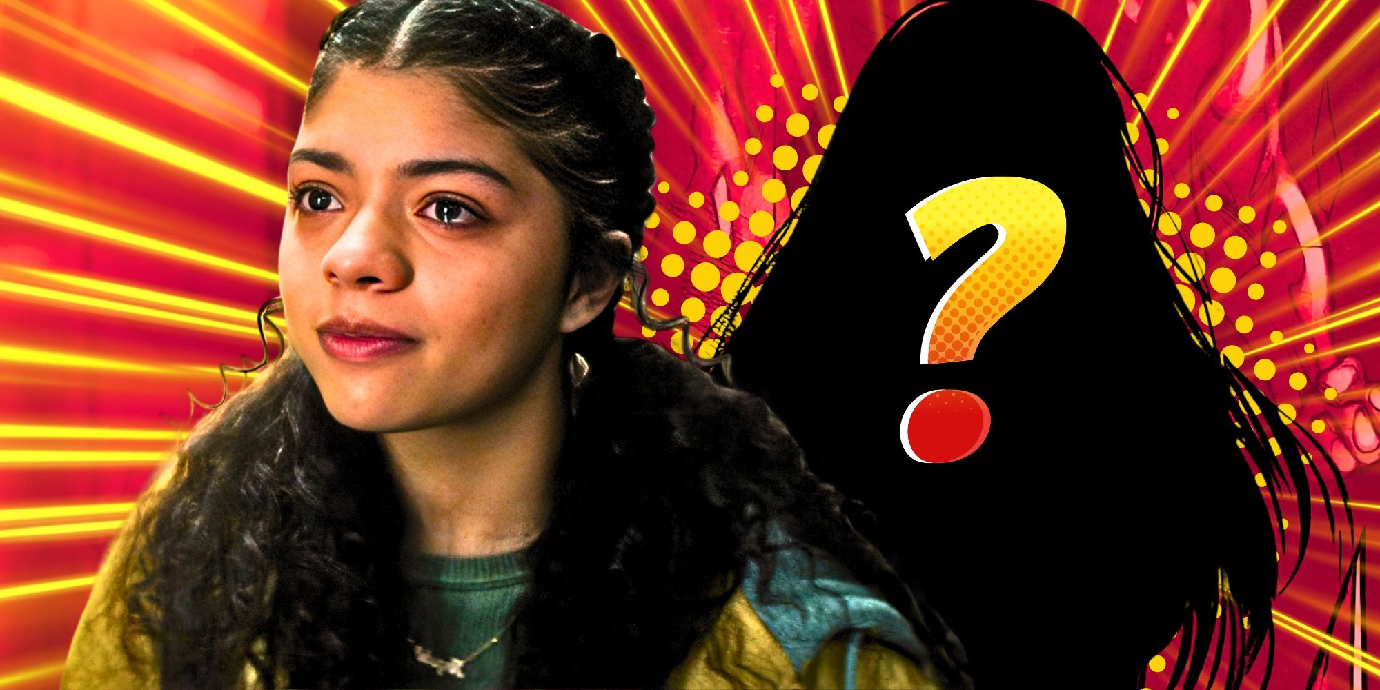 Camila Rodriguez as Angela del toro and with a superhero silhouette with a question mark