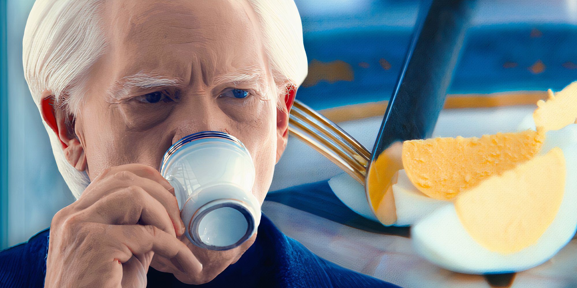 Jame Eagan sipping on a cup of tea next to Helena Eagan cutting hard-boiled eggs with a knife and fork in Severance season 2 (2025)