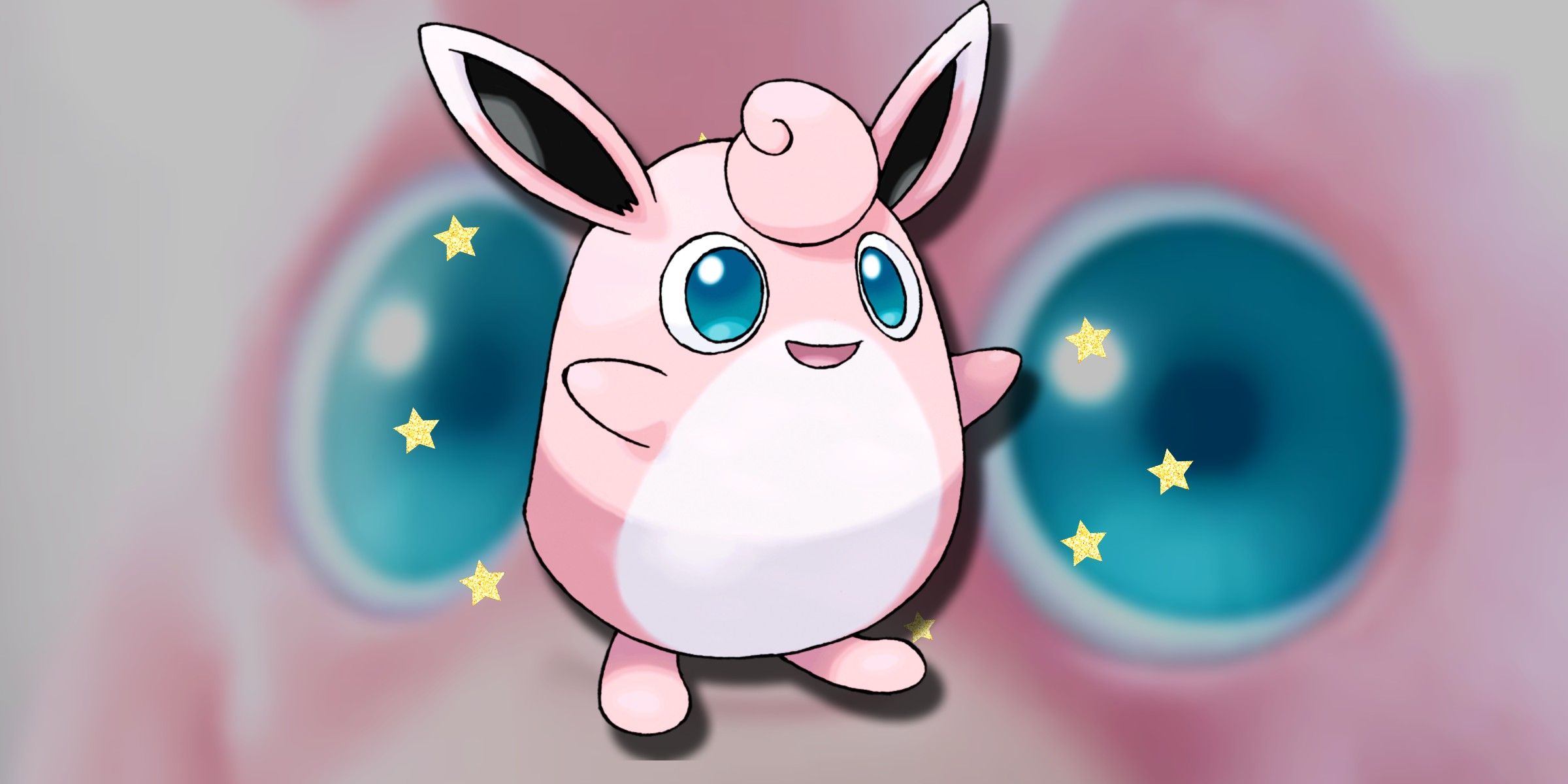 Wigglituff smiling with stars behind him as an extreme closeup on wigglituff eyes leers behind it