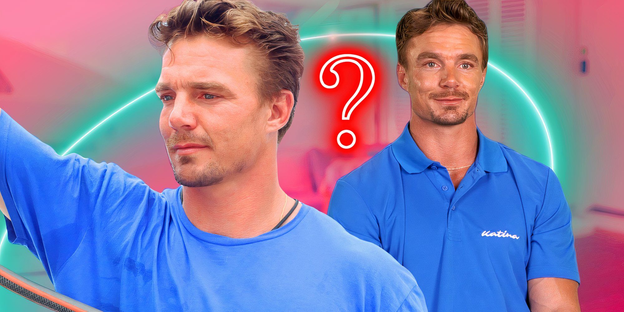 Wihan de Toit from Below Deck Down Under in two poses with blue shirt with question mark background