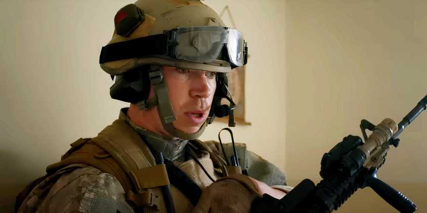 Will Poulter looking concerned as Erik in Warfare