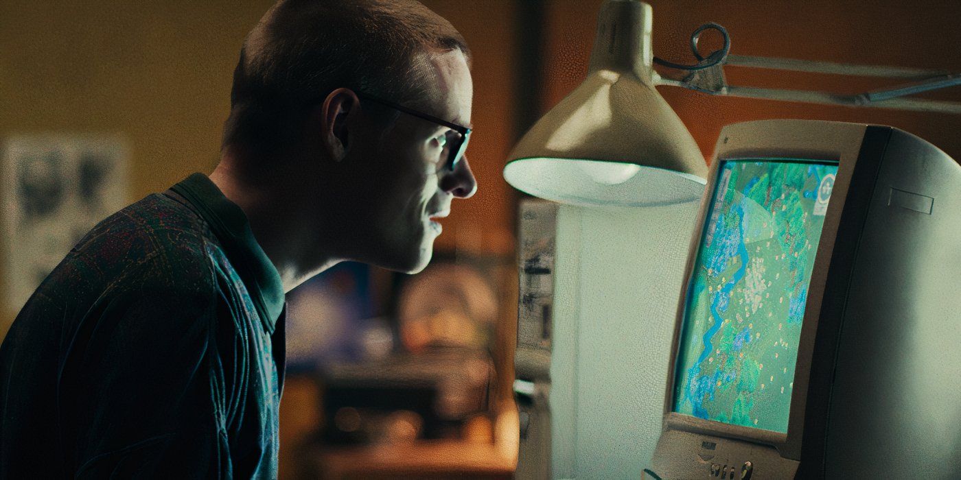 Lewis Gribben as Younger Cameron Walker looking at a computer screen in Black Mirror season 7, episode 4, &ldquo;Plaything&rdquo;