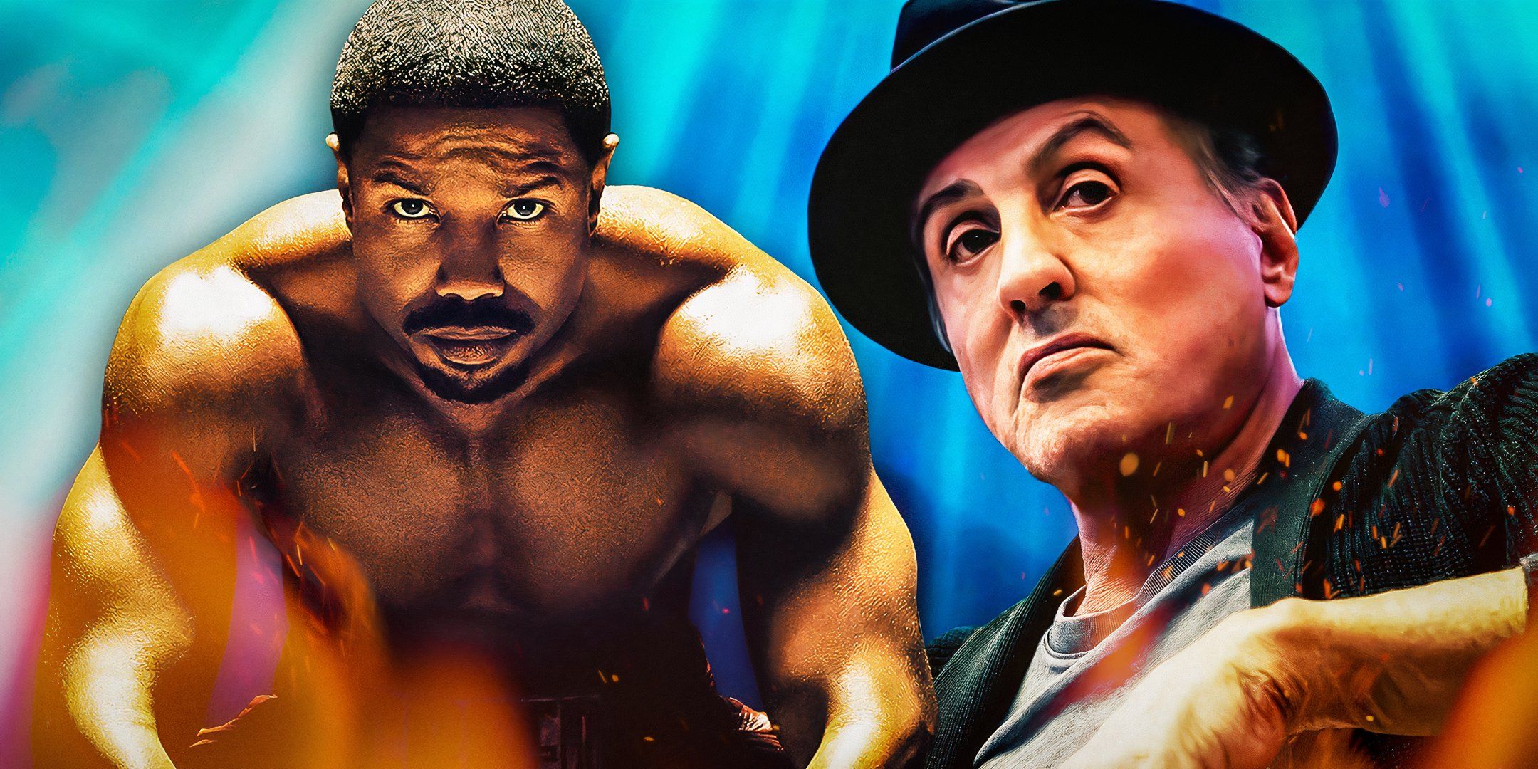 An edited image of Sylvester Stallone as Rocky Balboa and Michael B. Jordan as Adonis Creed in the Creed movies.