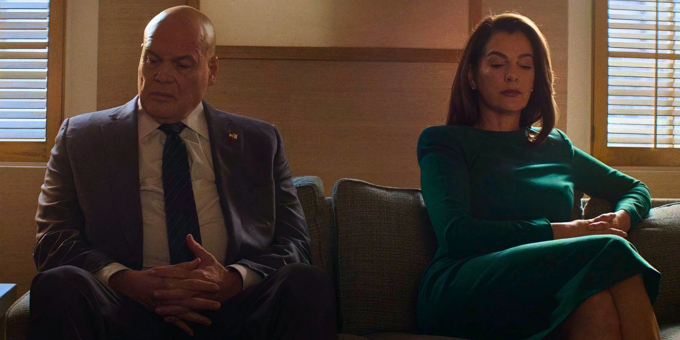 Wilson Fisk and Vanessa Fisk sitting on a couch during couples counseling in Daredevil Born Again (2025)
