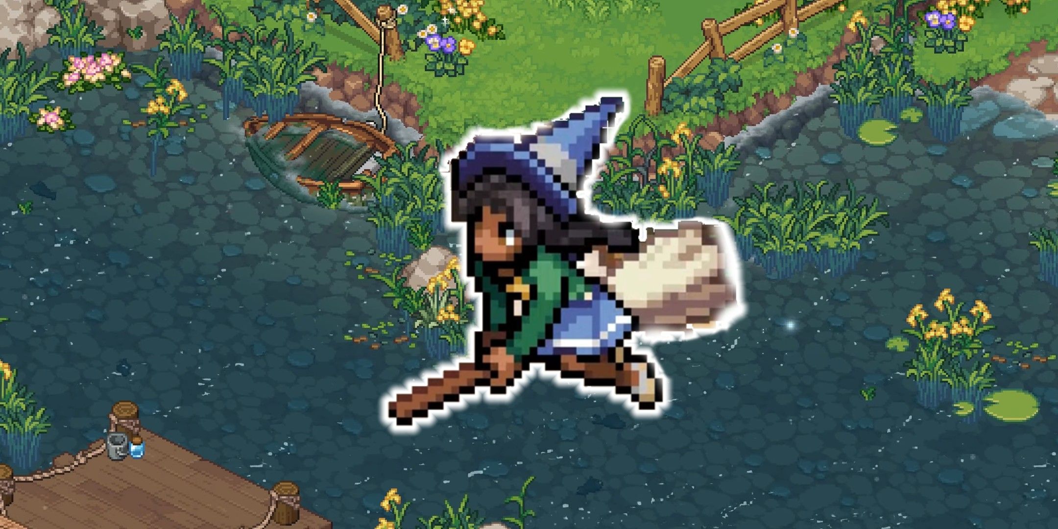Witchbrook witch on a broom flying over a pond.