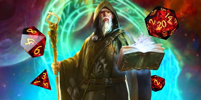 D&D Wizard with a book with some d20 dice