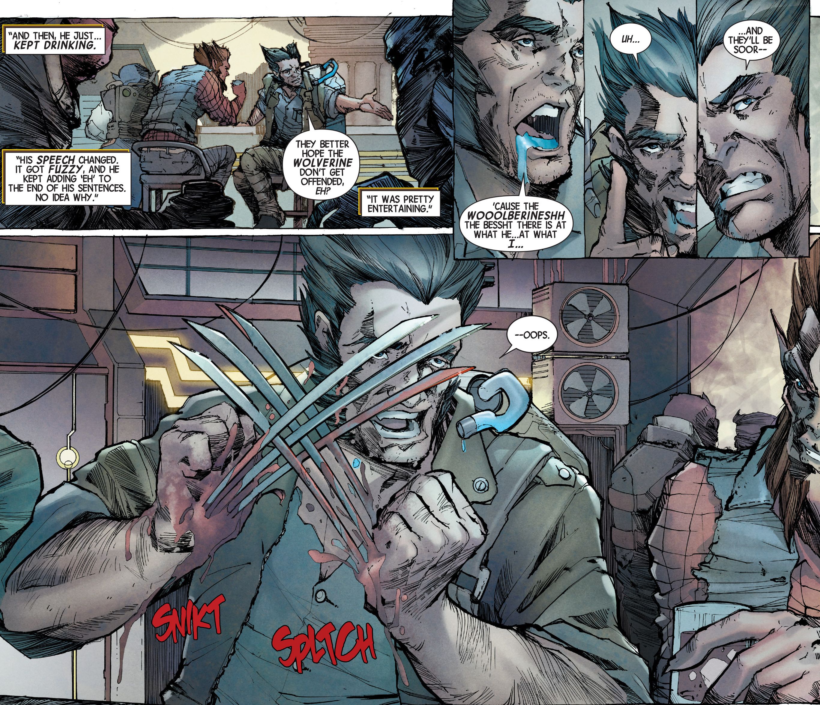 A drunk Wolverine extends his claws through his palms instead of between knuckles. 