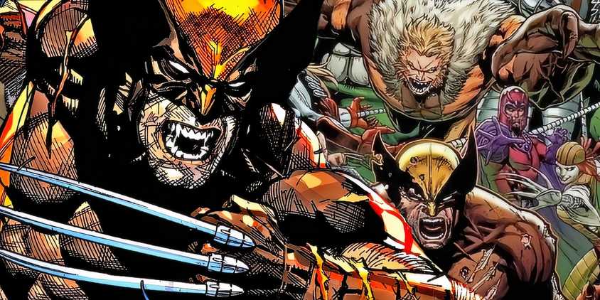 Marvel Comics' Wolverine with Sabretooth, Magneto, and other villains behind him.