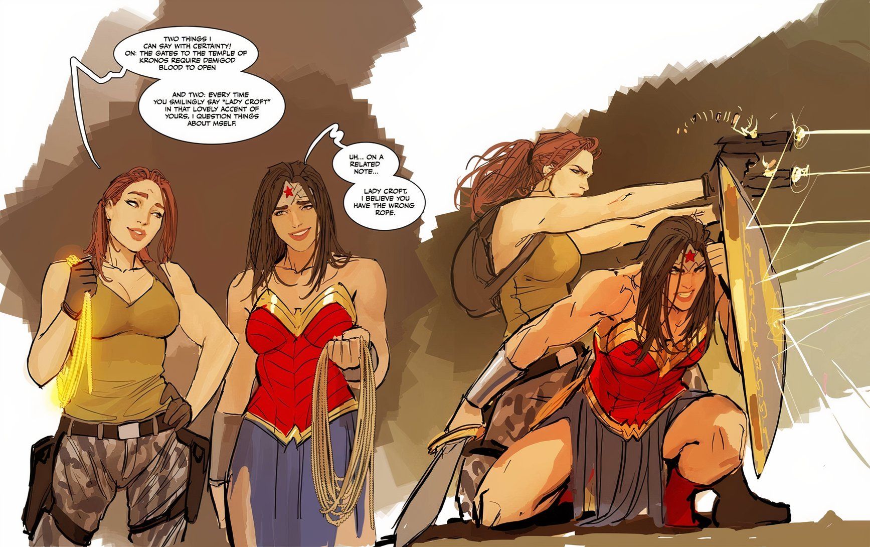 Wonder Woman and Laura Croft Fighting Together DC