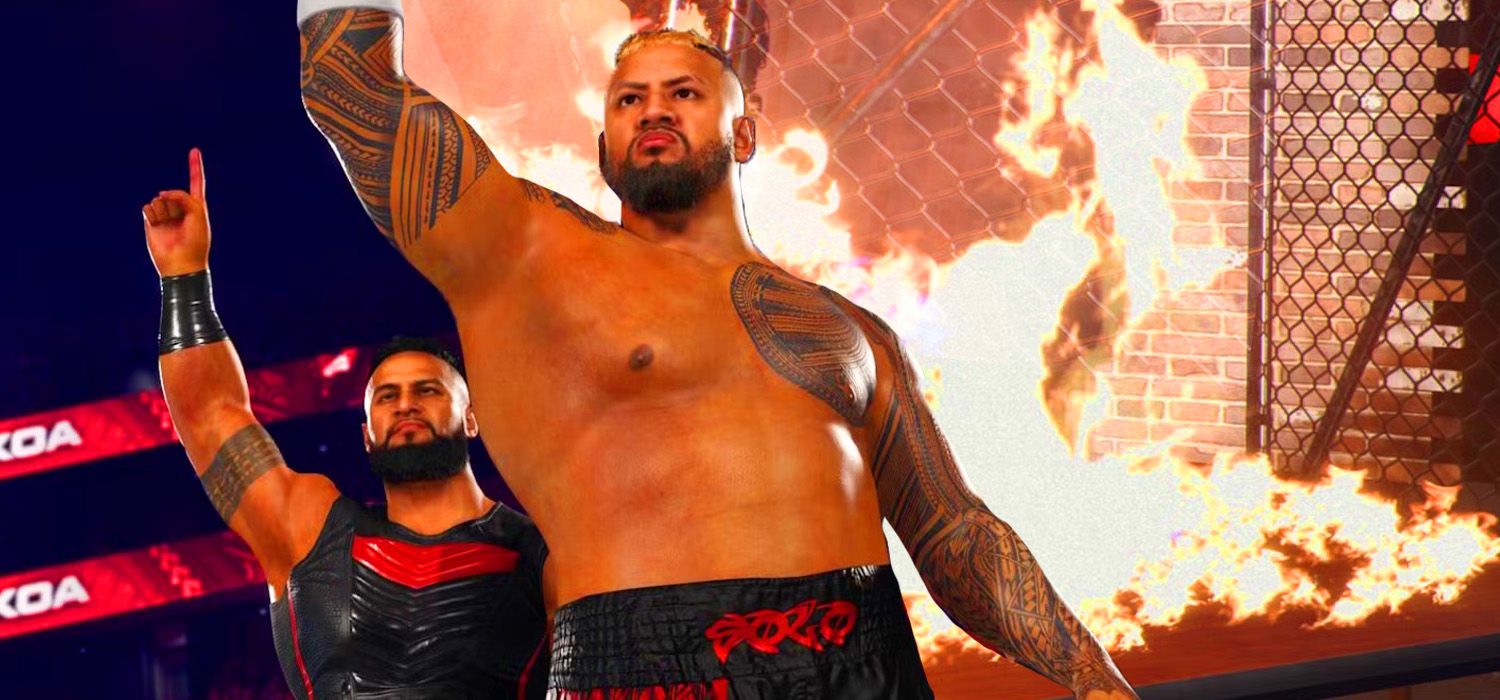Wrestlers with flaming table from WWE 2K25