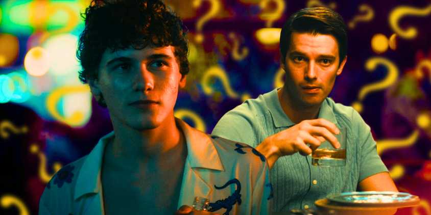 Sam Nivola as Lochlan Ratliff and Patrick Schwarzenegger as Saxon Ratliff in white lotus with question marks background