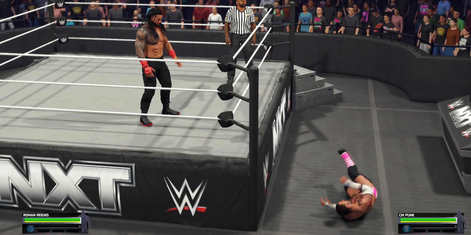 WWE 2K25 Player threw another player out of the ring.