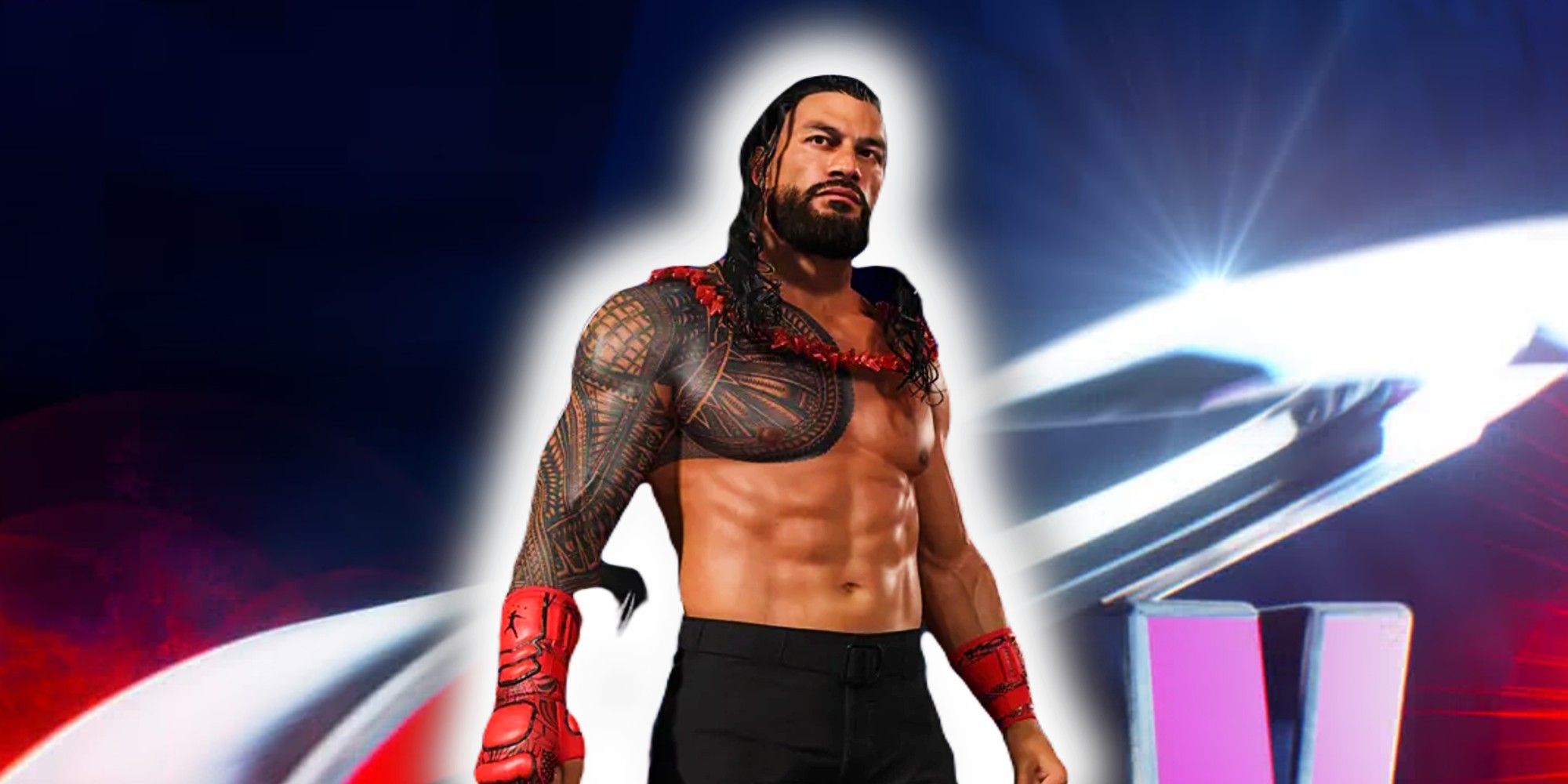 WWE 2K25 Roman Reigns in front of WWE walk in background.