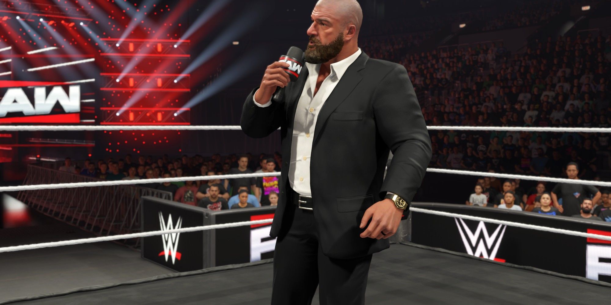 WWE 2K25 Triple H Hyping Up The Crowd For An Event, Turned To The Side.