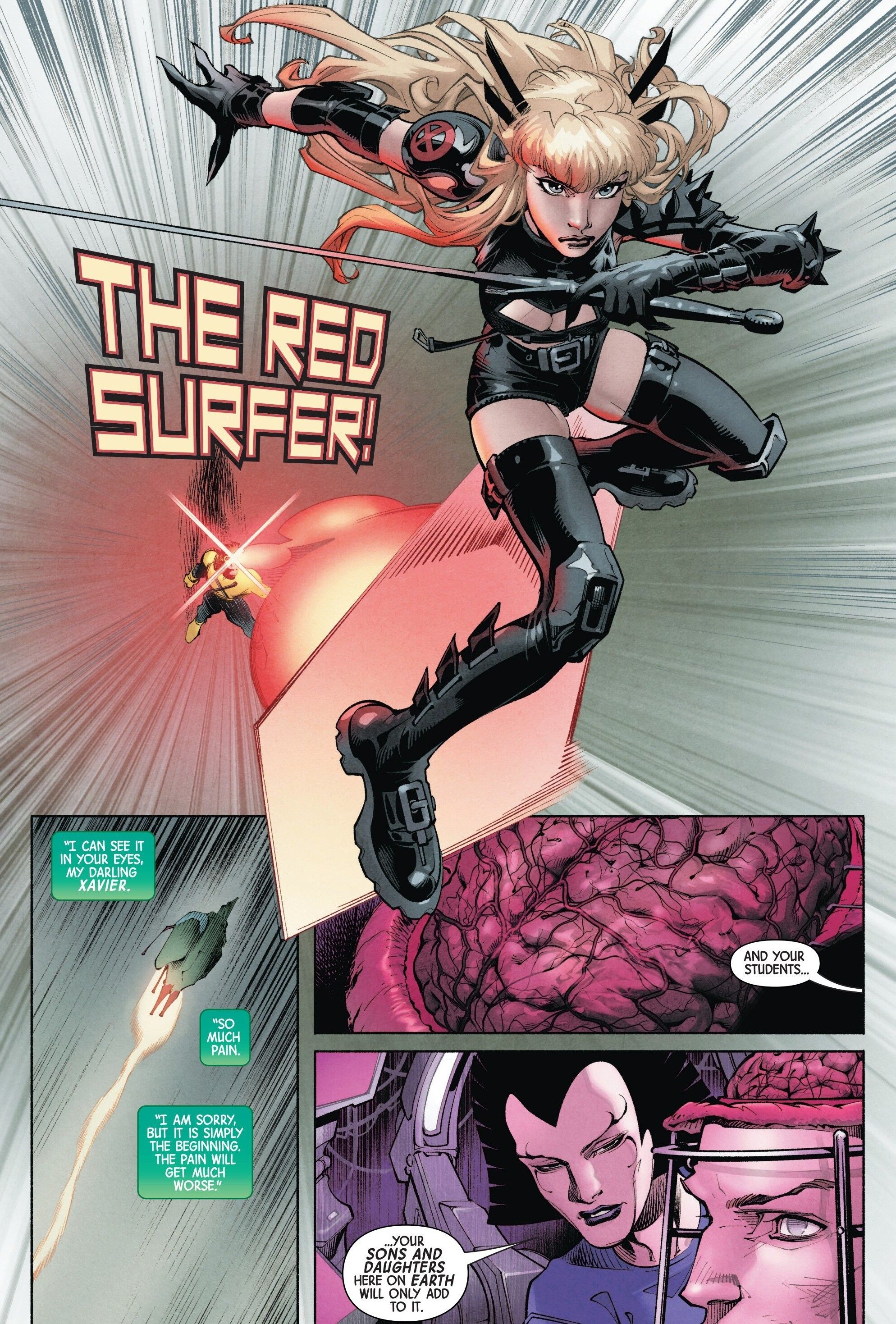 Cyclops and Magik pull osf the &ldquo;Red Surfer&rdquo; when Cyclops launches Magik by hitting her sword with an optic beam