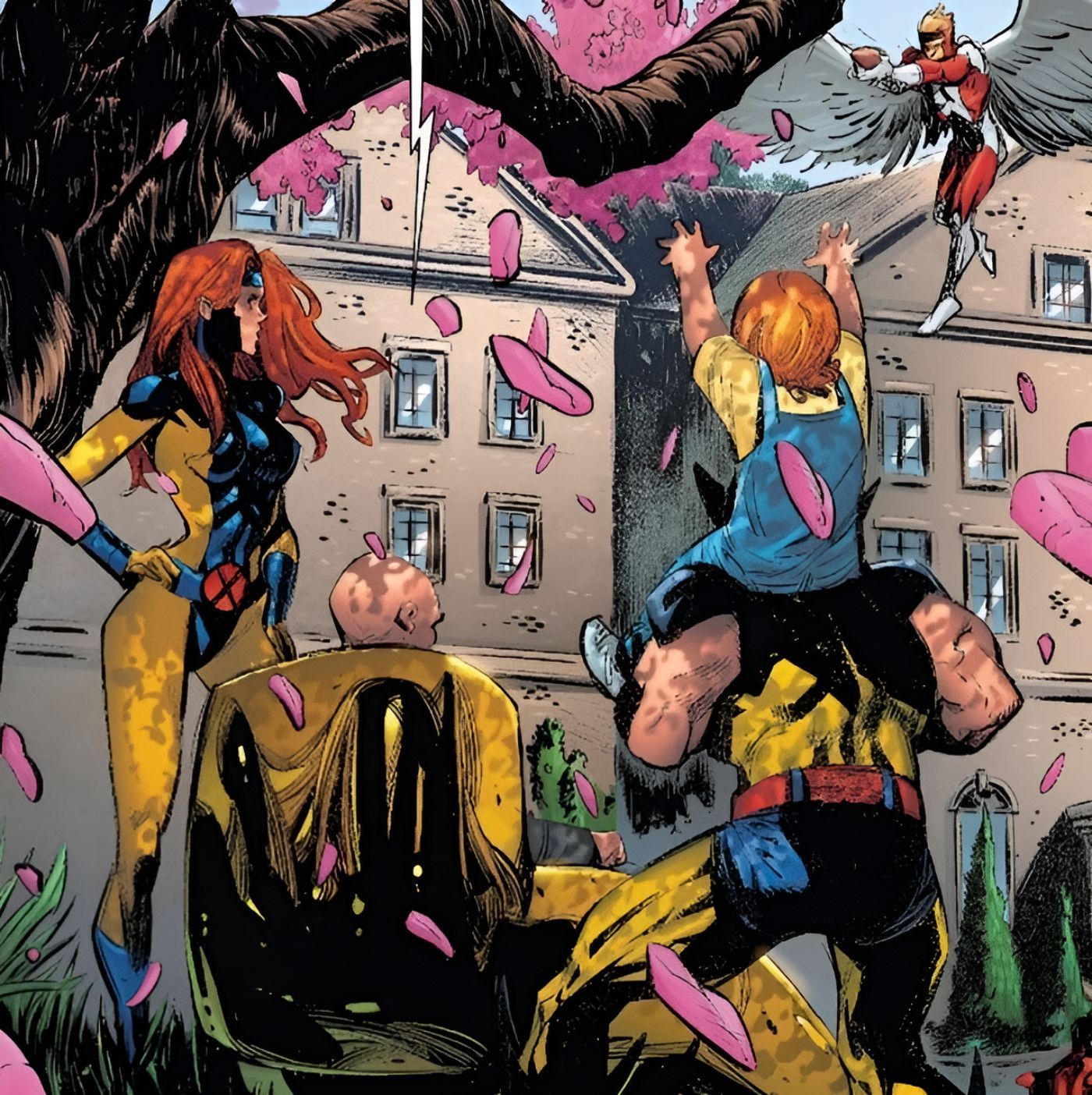 Xavier, Jean, and Wolverine outside the Xavier Institute