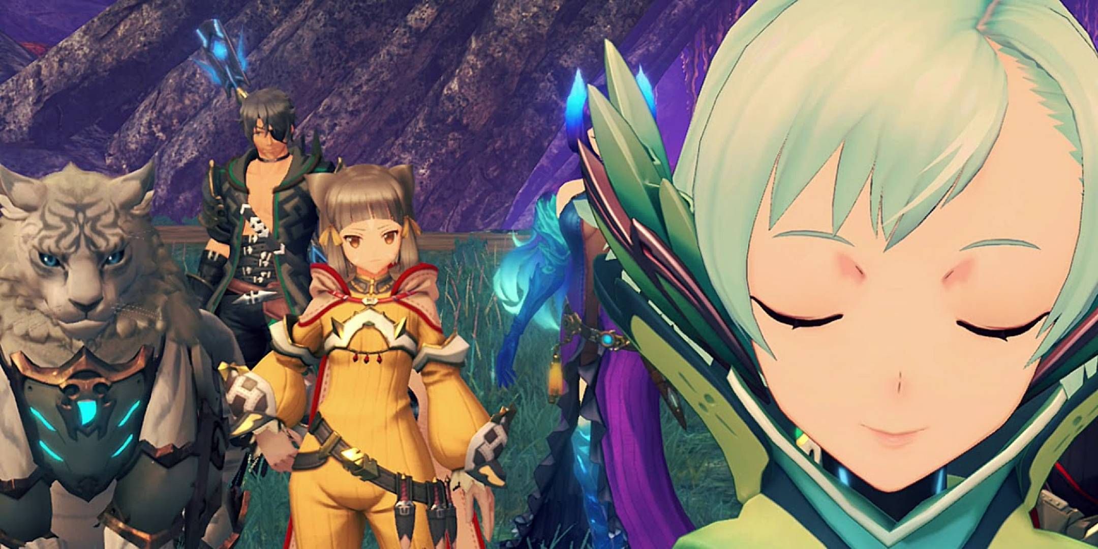The blade Floren from Xenoblade Chronicles 2 with Zeke and Nia behind her.