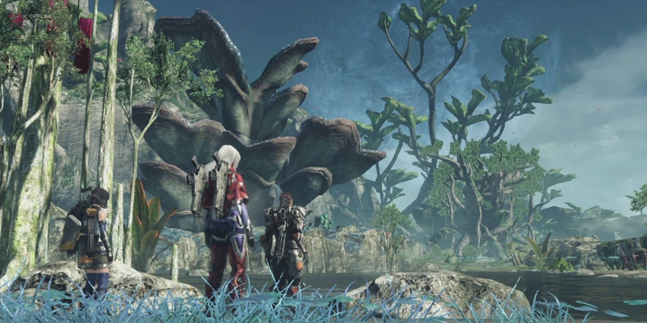 Elma and the player standing in an alien forest in Xenoblade Chronicles X.