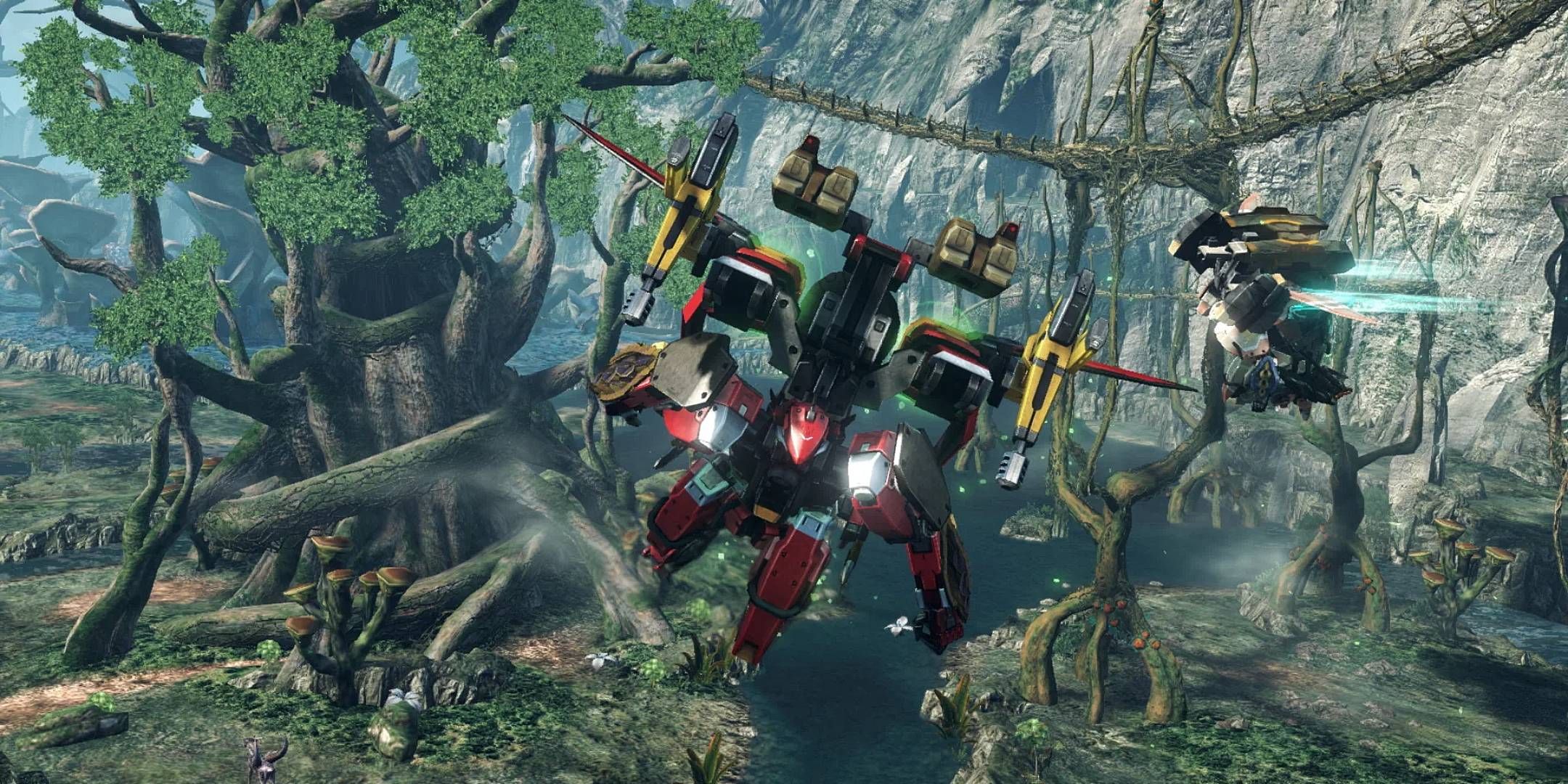Two mechs flying through a forest in Xenoblade Chronicles X.