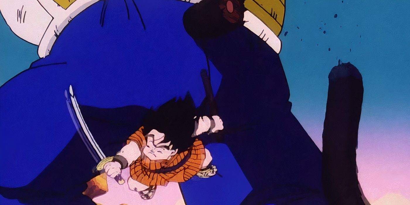 Yajirobe mentre taglia la coda a Vegeta in Dragon Ball Z