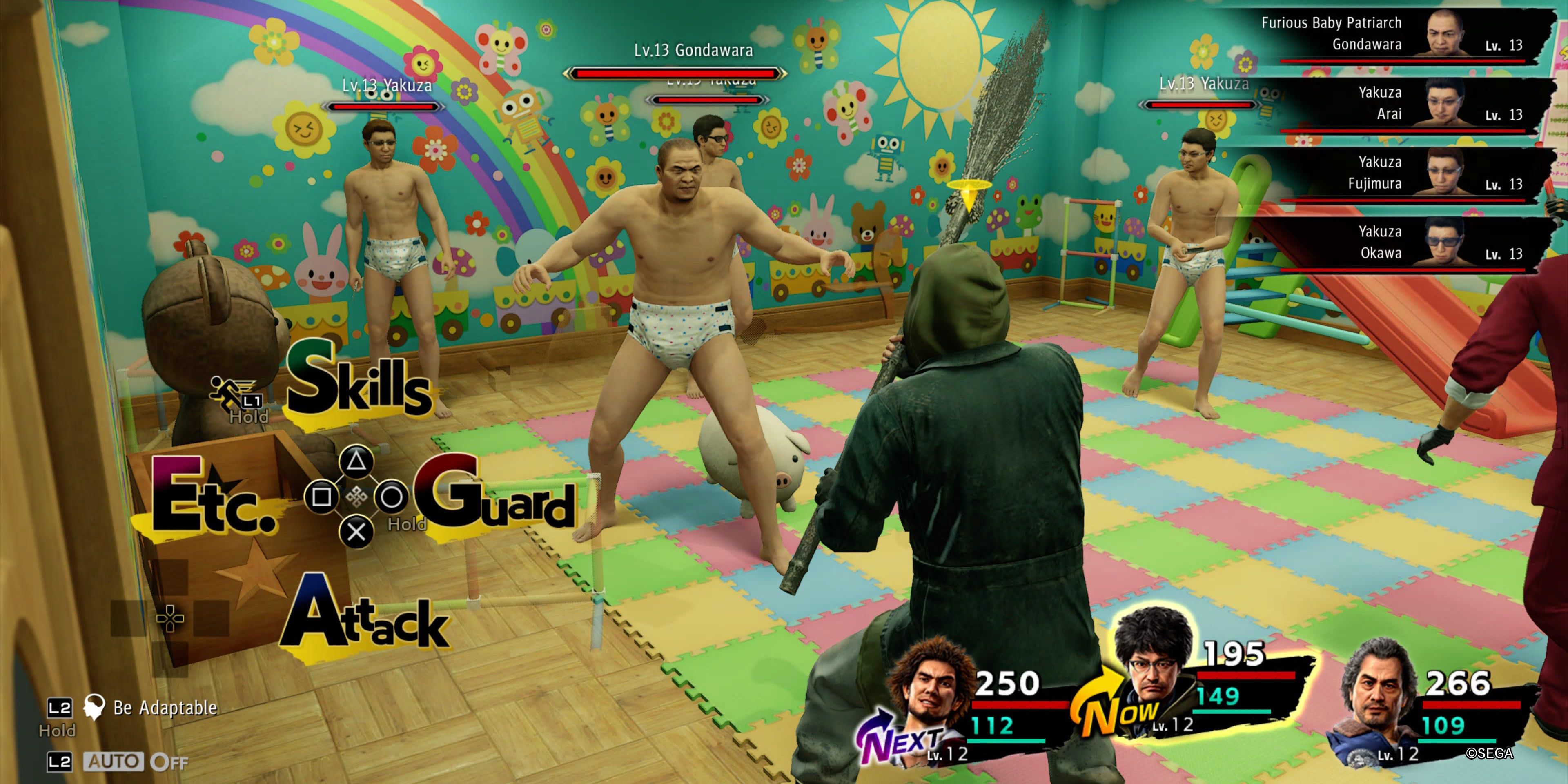 Yakuza Like A Dragon screenshot showing the party in battle against a group of grown men wearing diapers in a room decorated like a toddler's.