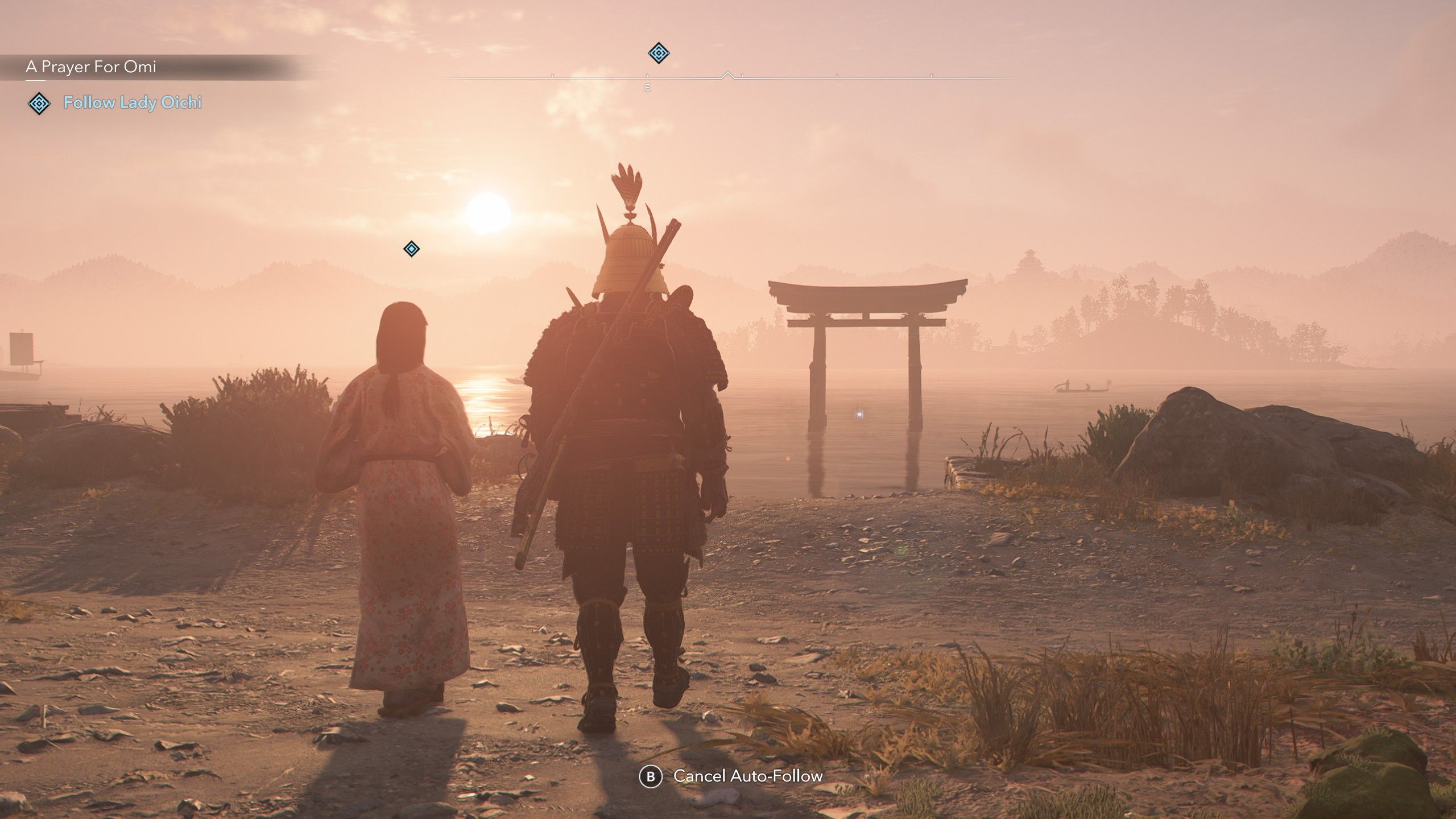 Yasuke and an Associate Stare At A Sunset With a Tori Gate in the background in Assasins Creed Shadows
