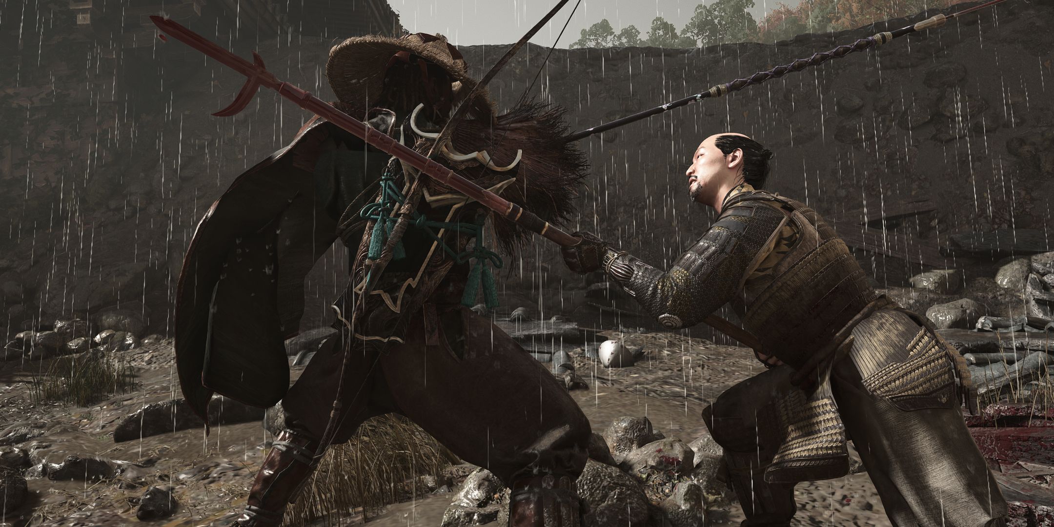 Yasuke fighting an enemy in the rain in Assassin&rsquo;s Creed Shadows.