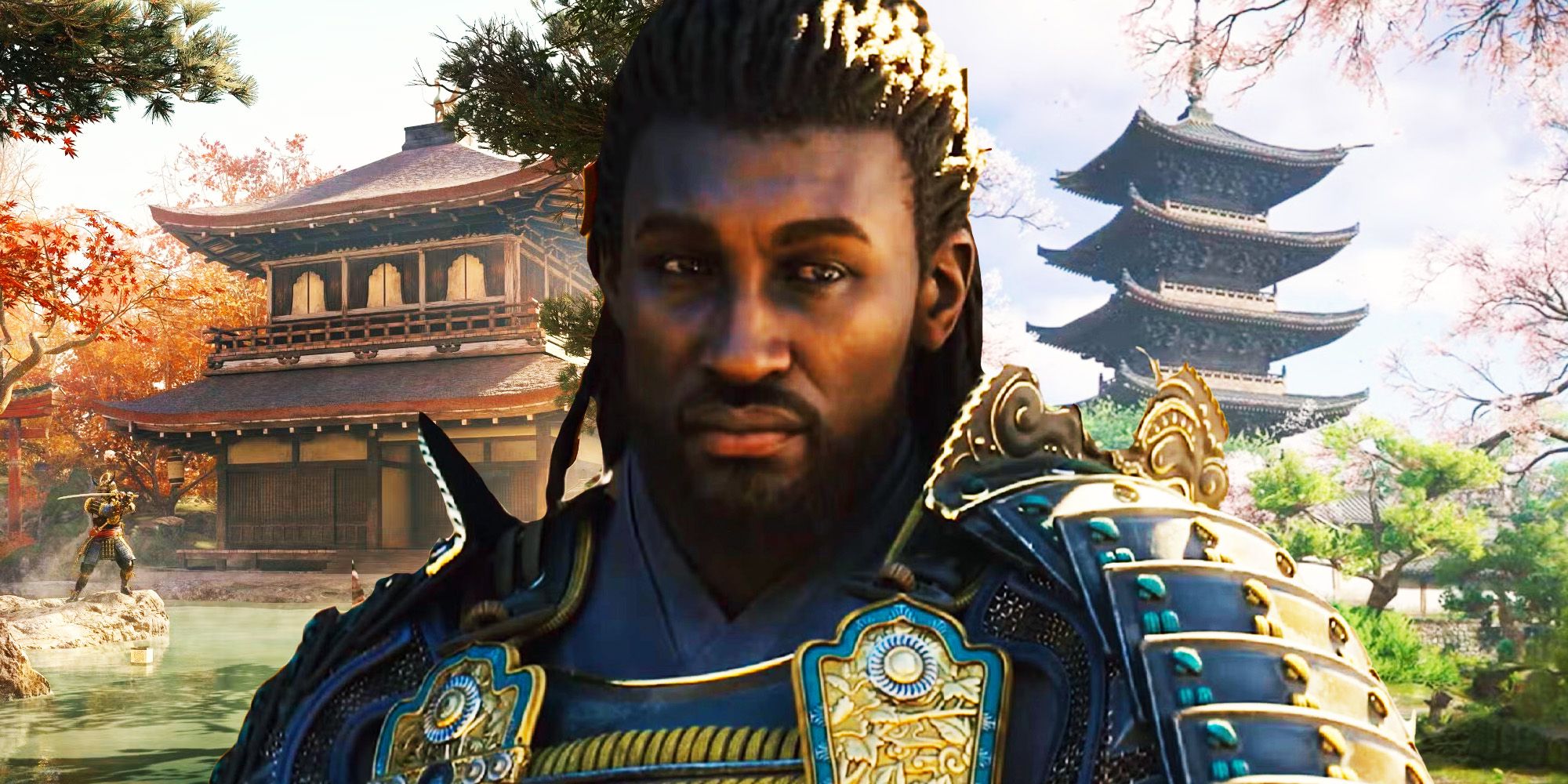 Yasuke from Assasin&rsquo;s Creed Shadows with some temples