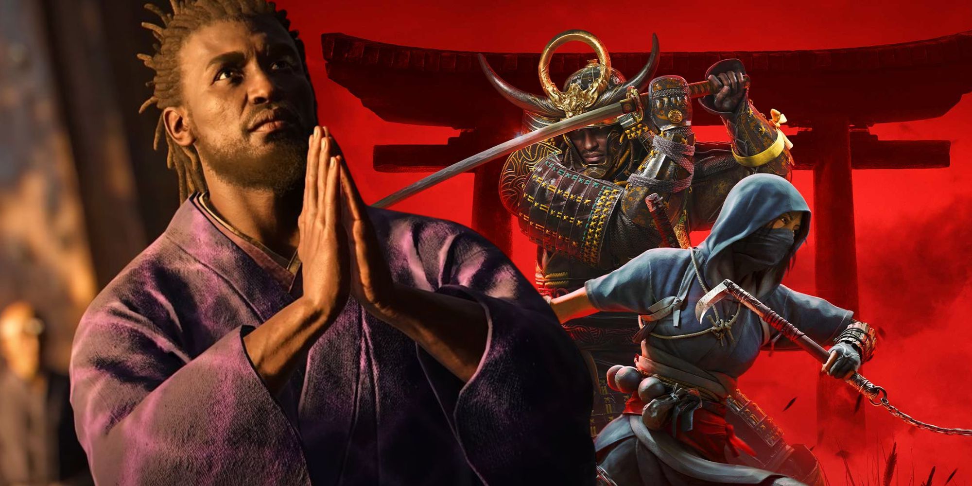 Yasuke praying over a promotional image for Assassin&rsquo;s Creed Shadows