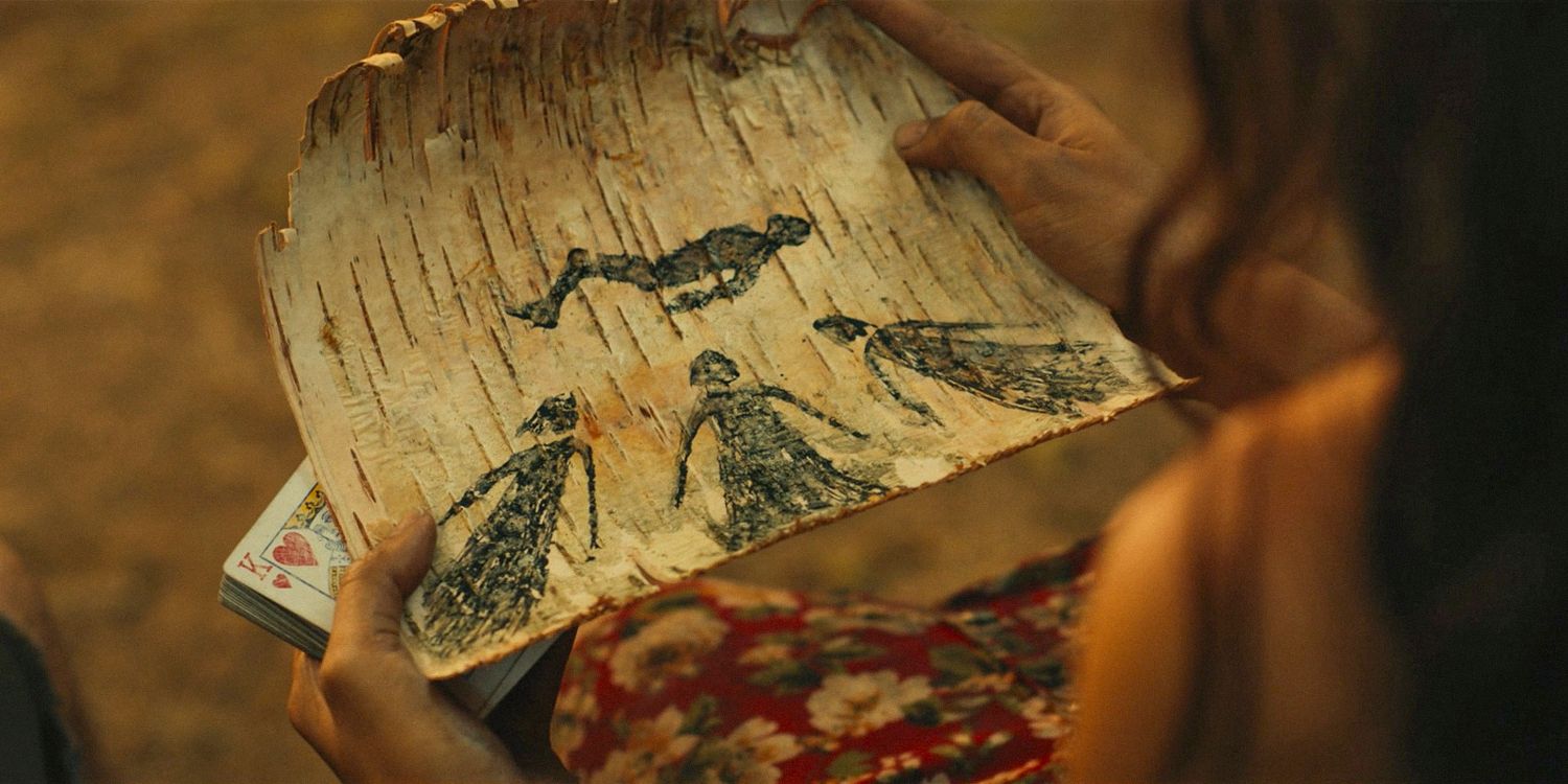A drawing made on a piece of tree bark in Yellowjackets Season 3 Ep 4