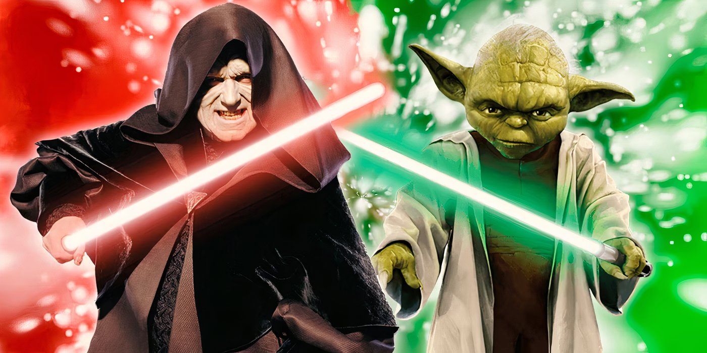 Star Wars' Emperor Palpatine and Yoda wielding their lightsabers.