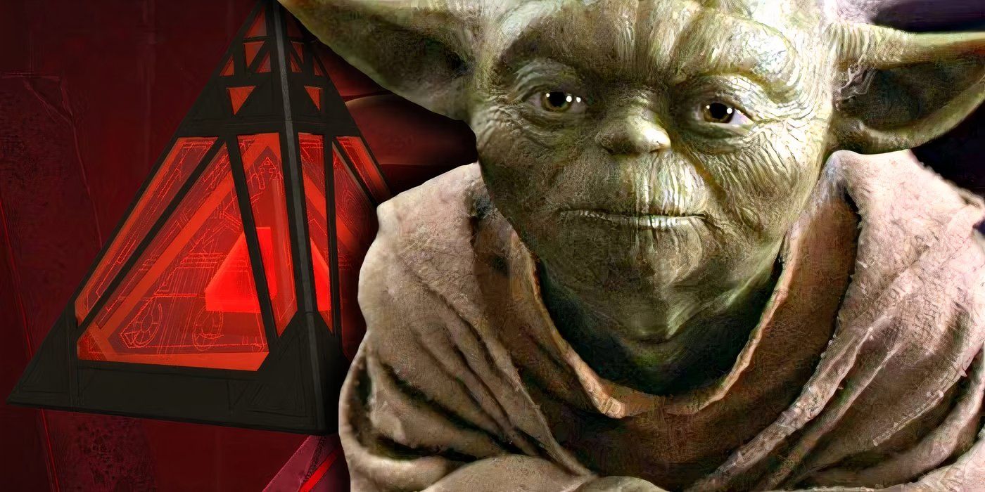 Yoda with a Sith Holocron behind him.