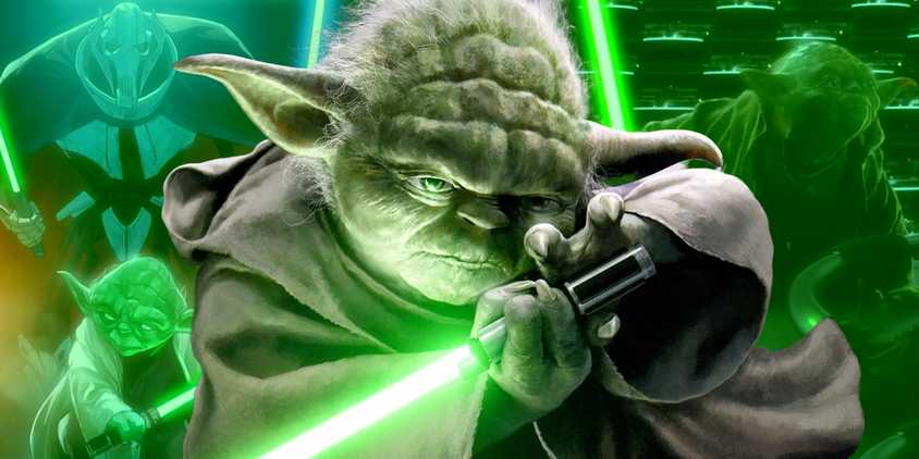Yoda Wielding Lightsaber and Lightsaber Battle in Background Custom Star Wars Image
