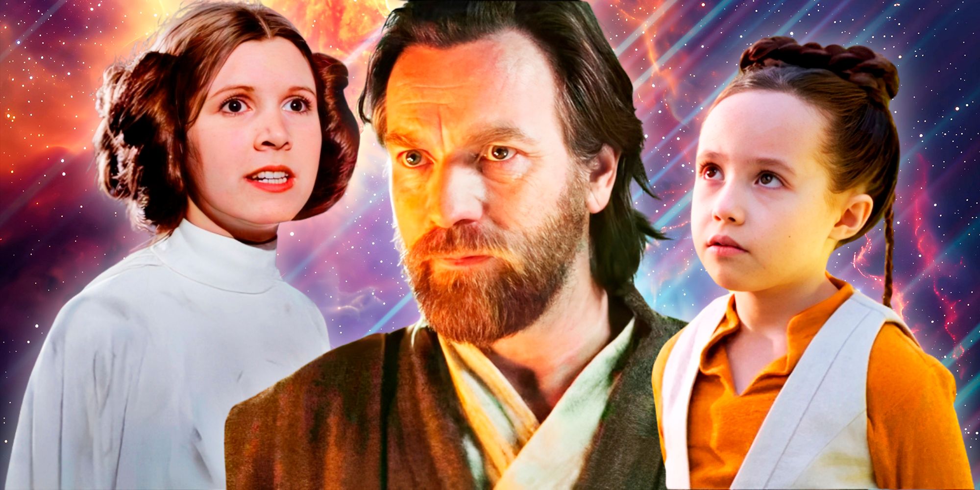 Princess Leia in A New Hope to the left, Obi-Wan Kenobi in the Obi-Wan Kenobi show in the middle, and young Leia to the right in a combined image in front of an image of space