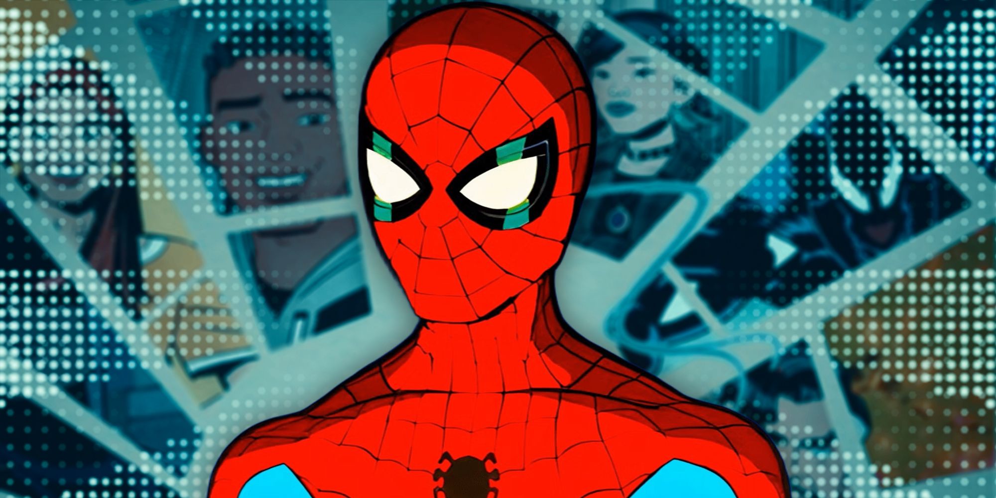 Your Friendly Neighborhood Spider-Man In Front of Characters and a Web