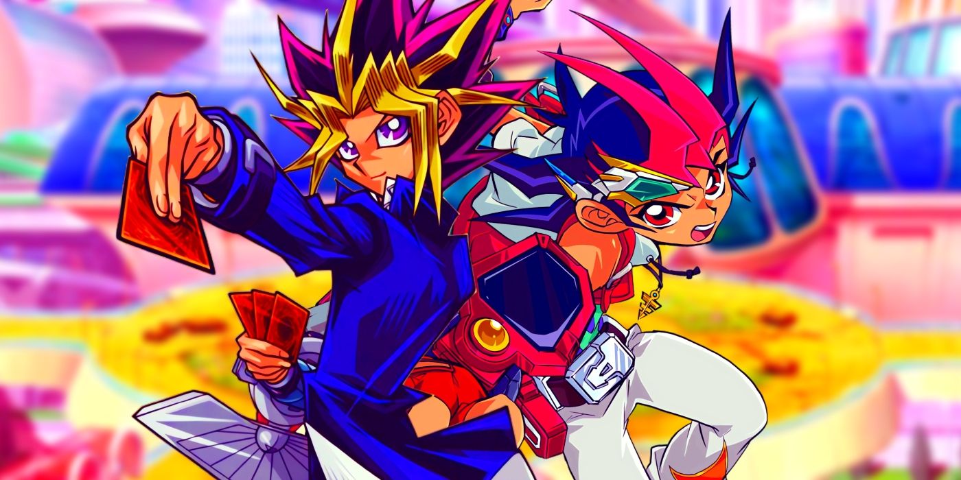 Yugi and Yuma standing together with their cards ready. Behind them, Heartland City&rsquo;s arena can be seen.