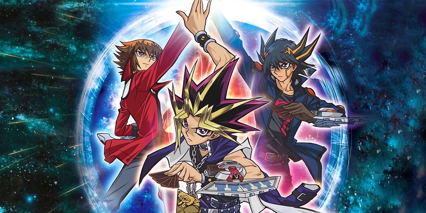 Yugi, Yusei, and Jaden standing together in the post for the Bonds Beyond Time movie.