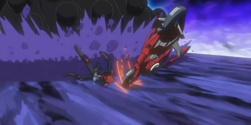 Yusei crashes during his duel against Kalin.