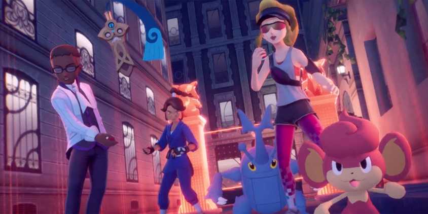 Trainers from Pokémon Legends: Z-A with a battle zone gate behind them.