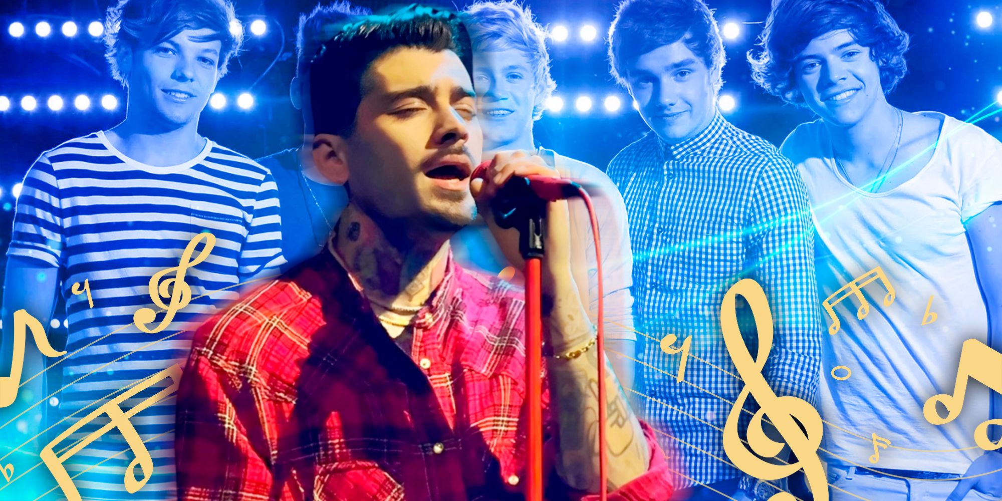 Zayn Malik sings live, edited over One Direction and musical note imagery.