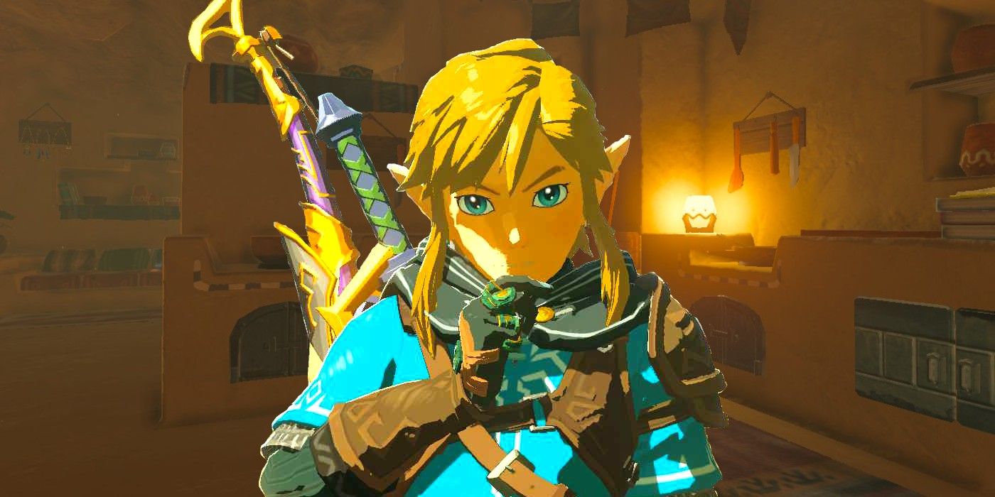 TOTK's Link thinking with the Voe and You classroom from The Legend of Zelda: Breath of the Wild in the background.