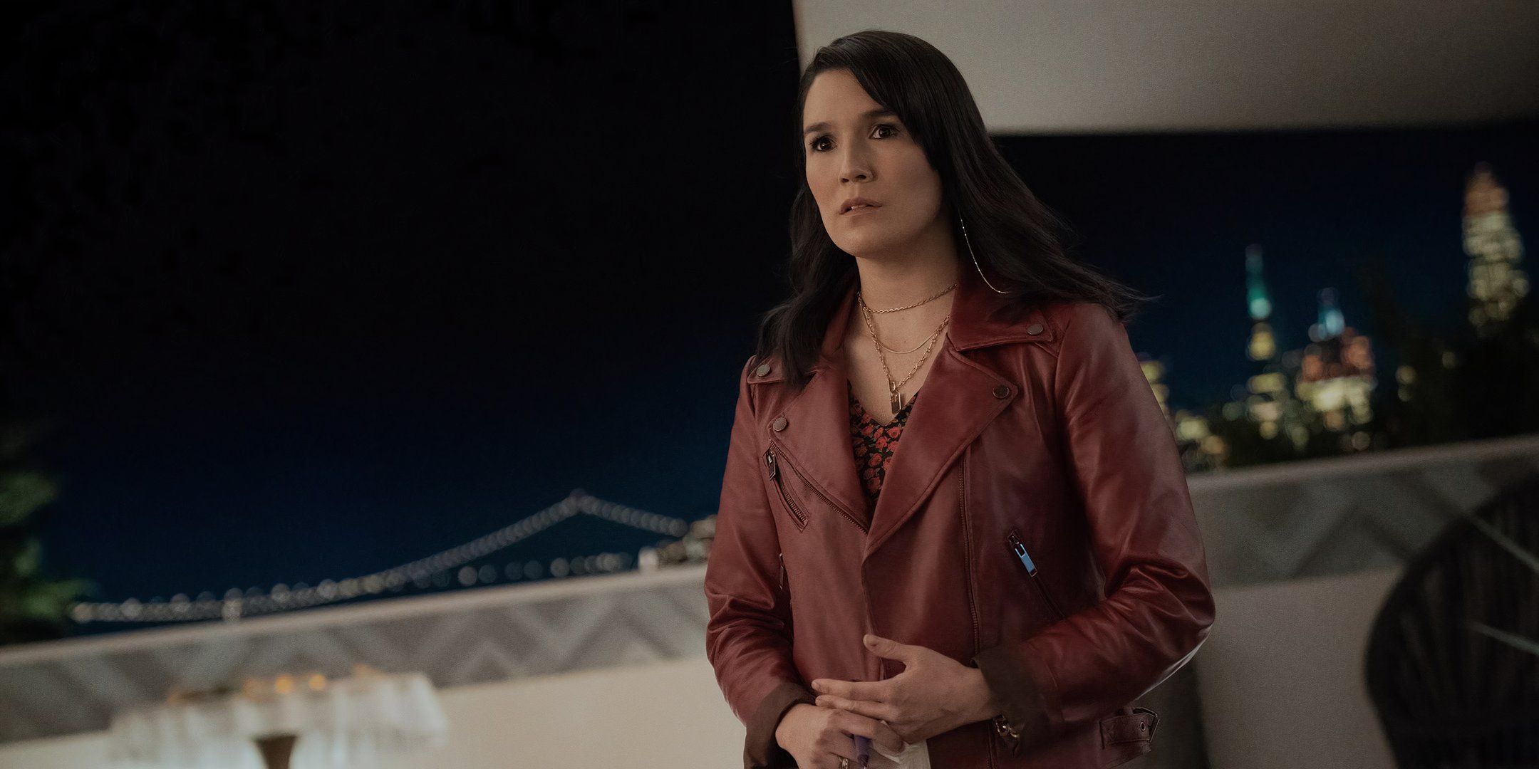 Zoe Chao looking worried in The Afterparty season 1