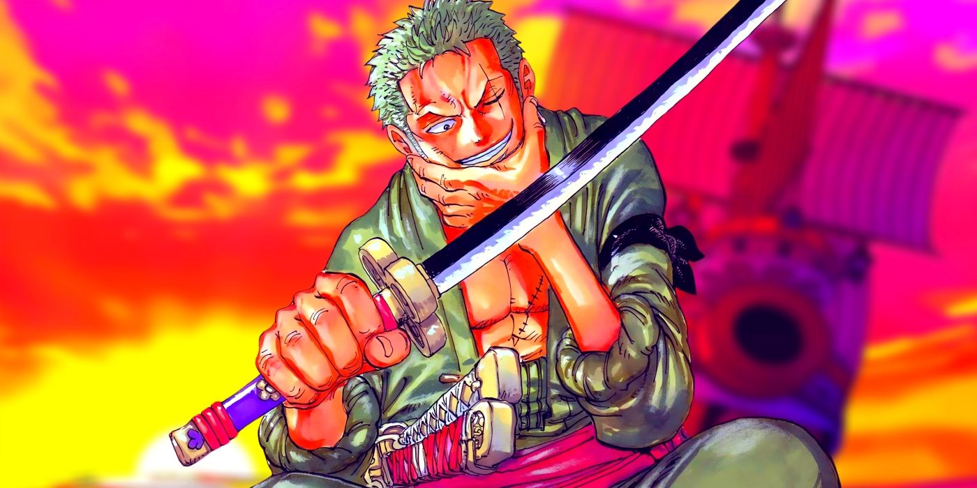 Zoro smiling at his sword, which he is examining, as he sits. Behind him, the Thousand Sunny can be seen sailing.