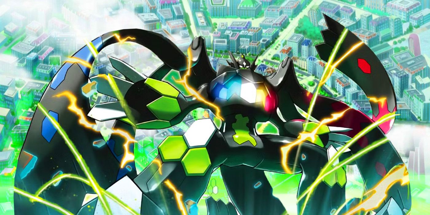 Zygarde surrounded by energy in its 100% Forme and Lumiose City from Pokemon Legends: Z-A.